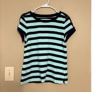 Talbots Women Stretch Weekend Tee Stripe Navy and Teal Blue Buttons Petite Large